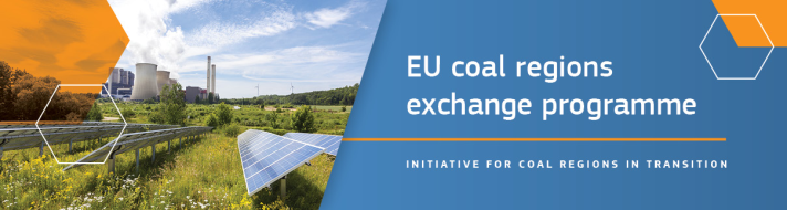 Key visual of exchangeEU: stylized hexagons, blue and orange color scheme, and a lush landscape with solar panels in the foreground and power plants in the back.