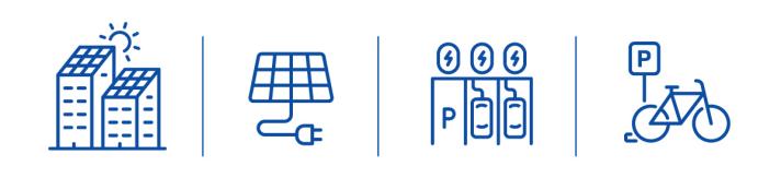 4 icons represent zero-emissions buildings: a multi-story apartment block, a ready to plug-in solar panel, electric vehicle parking spaces with 2 cars plugged in for charging and one empty parking space with an available charging point and a bicycle parked at a 'p' parking sign 