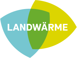 Landwärme logo showing 2 overlapping curved triangles (like guitar pics). The triangle on the left is ble and the one on the right is yellow, where they overlap in the middle is yellow. The Landwärme text is on top of the logo in white text 