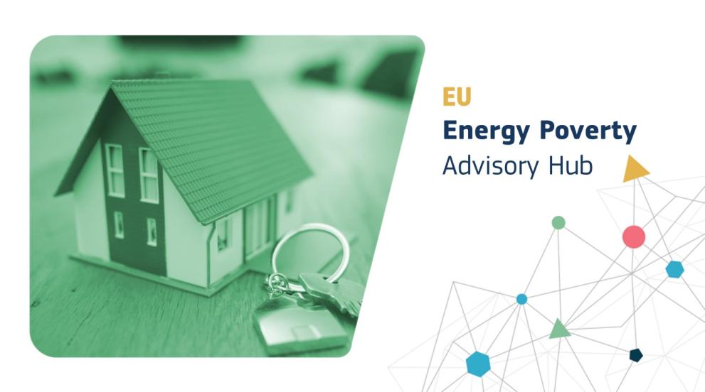Logo of the EU Energy Poverty Advisory hub. The logo comprises of colorful shapes including triangles, squares and hexagons which are interconnected by grey lines. 