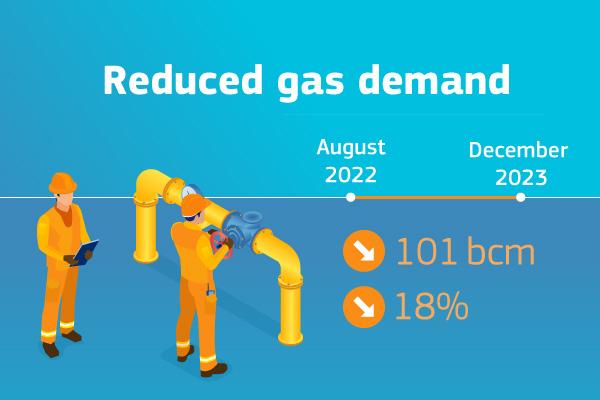 Visual showing 2 workers operating a gas pipeline. The visual contains text stating that between August 2022 and December 2023, the EU reduced its gas demand by 18% which is equal to 101 billion cubic meters 