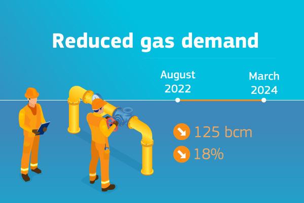The visual contains the heading reduced gas demand. a simple timeline shows a timespan from august 2022 to march 2024. in this beriod gas demand reduced by 125 billion cubic meters equivilant to an 18% reduction