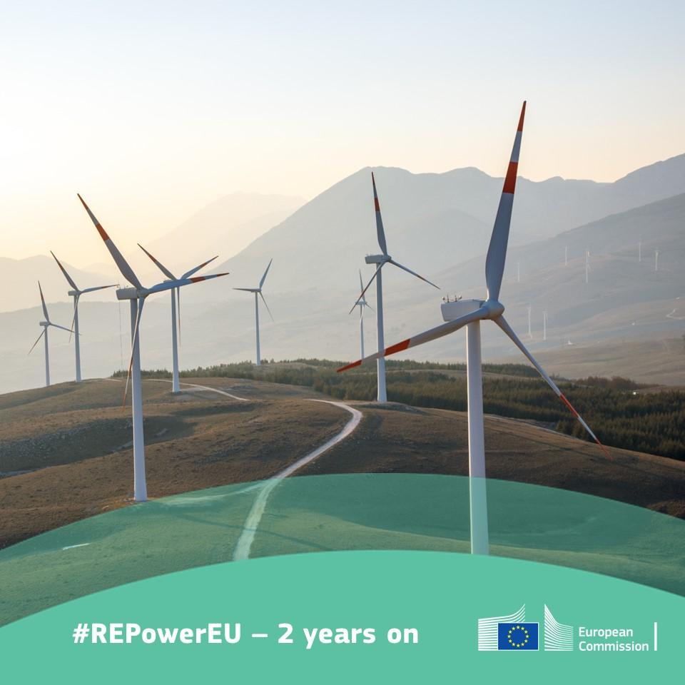 The visual shows a winding road through gentle hills, with mountains in the background. windmills blow on either side of the road. The text at the bottom of the visual reads hashtag repower eu - 2 years on