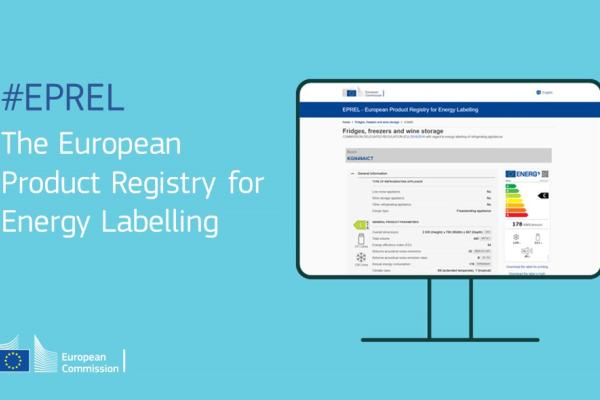The visual contains the heading 'The European Product Registry for Energy Labelling' and the hashtag EPREL. An icon of a desktop computer scree displays the EPREL portal web page for Fridges, Freezers and Wine Storage. The EU energy label is displayed on the right of the screen. The web text on the left of the screen is blurred in the visual