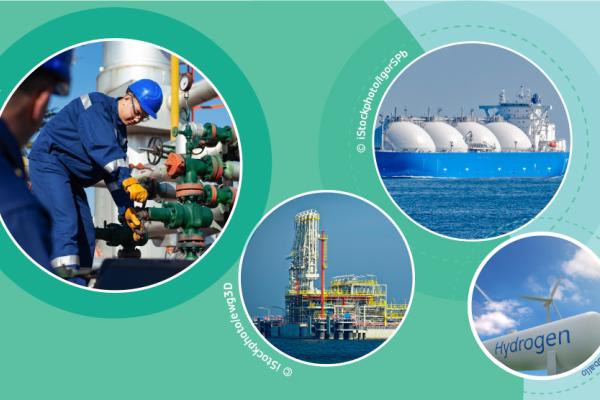 A collage shows four photographs in circles. From left to right they show: A worker at a gas pipeline, an oil rig, an lng terminal by the sea and a large commercial gas cylinder with the word hydrogen on it 