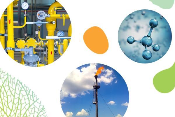 The visual contains three visuals in different sized circles on a white, green and orange background. the visuals show yellow gas pipes, a flame rising from a tall chimney against a blue sky - showing flaring and a graphic of a methane molecule 