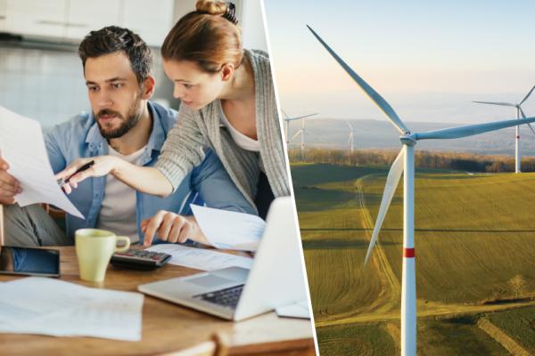 The visual contains 2 photographs. On the left a man sits at a laptop at a kitchen table. A woman stands over his shoulder. They are analyzing a piece of paper, presumably an energy bill. The photo on the right shows wind turbines blowing in a field  